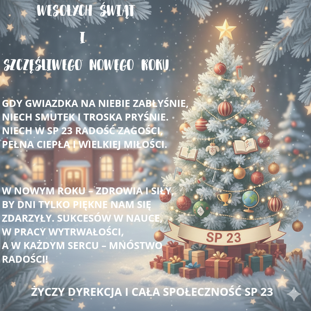 Świąteczna grafika z życzeniami od dyrekcji i społeczności Szkoły Podstawowej nr 23. Na pierwszym planie znajduje się bogato zdobiona choinka ośnieżona białym puchem, pod którą leżą liczne prezenty. Drzewko udekorowane jest tradycyjnymi bombkami oraz elementami edukacyjnymi, takimi jak miniaturowe książki, globus i puchar. W tle widać ośnieżony dom i inne choinki w zimowej, wieczornej scenerii z padającym śniegiem. ​Treść życzeń zawarta na obrazku ​Jeśli potrzebujesz skopiować samą treść napisaną w języku polskim, oto ona: ​WESOŁYCH ŚWIĄT I SZCZĘŚLIWEGO NOWEGO ROKU ​Gdy gwiazdka na niebie zabłyśnie, niech smutek i troska pryśnie. Niech w SP 23 radość zagości, pełna ciepła i wielkiej miłości. ​W Nowym Roku – zdrowia i siły, by dni tylko piękne nam się zdarzyły. Sukcesów w nauce, w pracy wytrwałości, a w każdym sercu – mnóstwo radości! ​Życzy Dyrekcja i cała społeczność SP 23