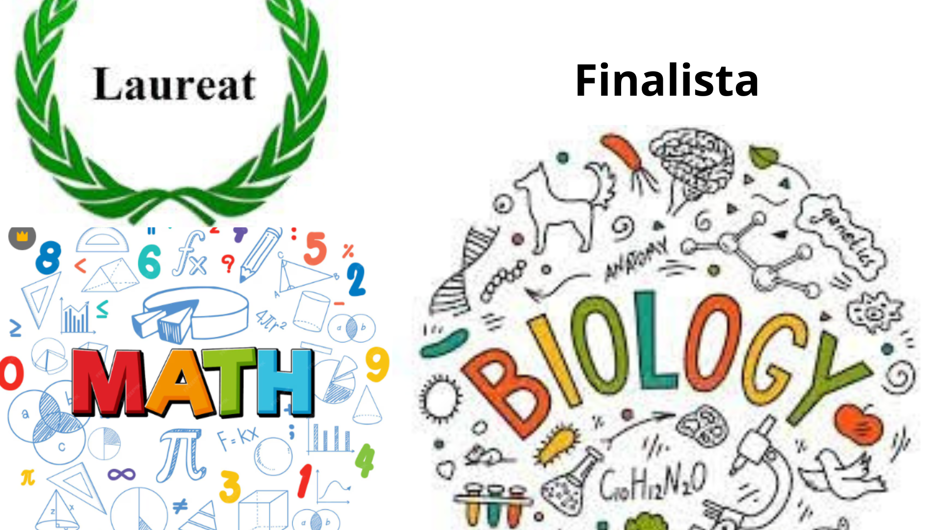 Grafika podzielona na dwie części, przedstawiająca sukcesy edukacyjne w różnych dziedzinach. Po lewej stronie: Napis „Laureat” wewnątrz zielonego wieńca laurowego, pod którym znajduje się kolorowa ilustracja z napisem „MATH” (matematyka) otoczonym wzorami, cyframi i przyborami geometrycznymi. Po prawej stronie: Napis „Finalista” umieszczony nad dużą, okrągłą kompozycją z napisem „BIOLOGY” (biologia), wypełnioną rysunkami DNA, mikroskopu, roślin i zwierząt.